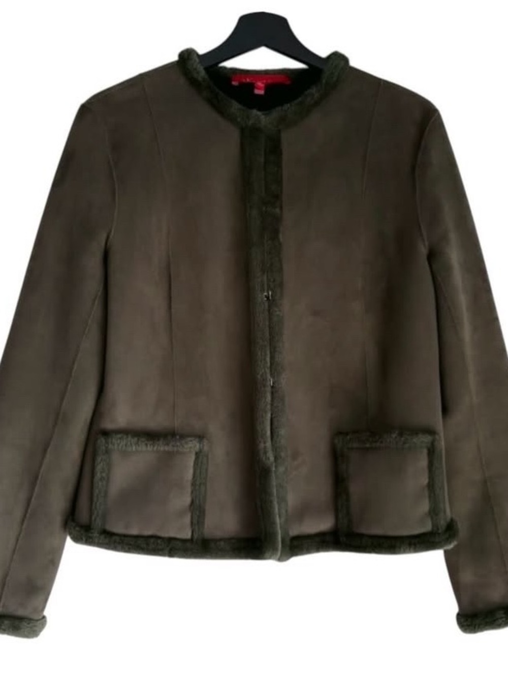 Anne Klein Olive Green Teddy Trim Jacket Coat Faux Fur Suede Leather Fall Autumn
